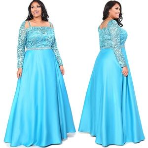 KURVES by KIMI Plus Size Long Sleeve Lace Satin Blue Formal Gown